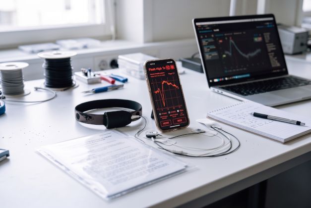 Portable EVOQ diagnostic hardware and research notes on a lab bench