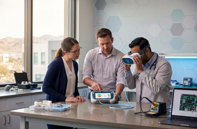Evoq team reviewing portable diagnostic hardware in the lab