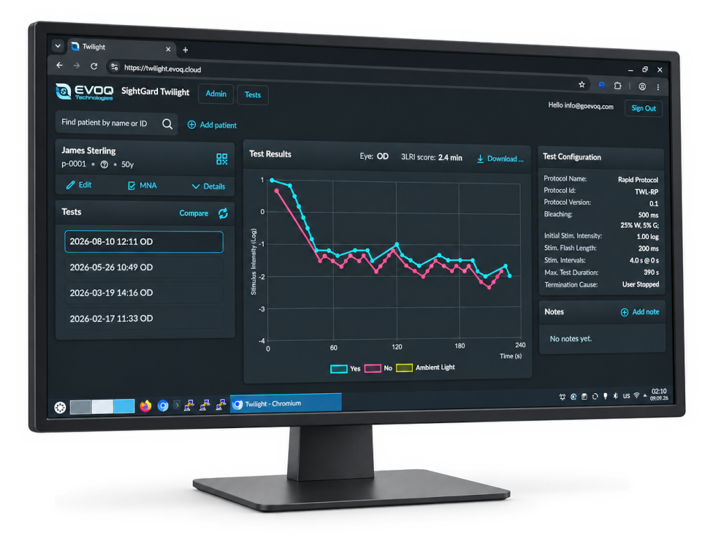 SightGard dashboard showing dark adaptation recovery curve review